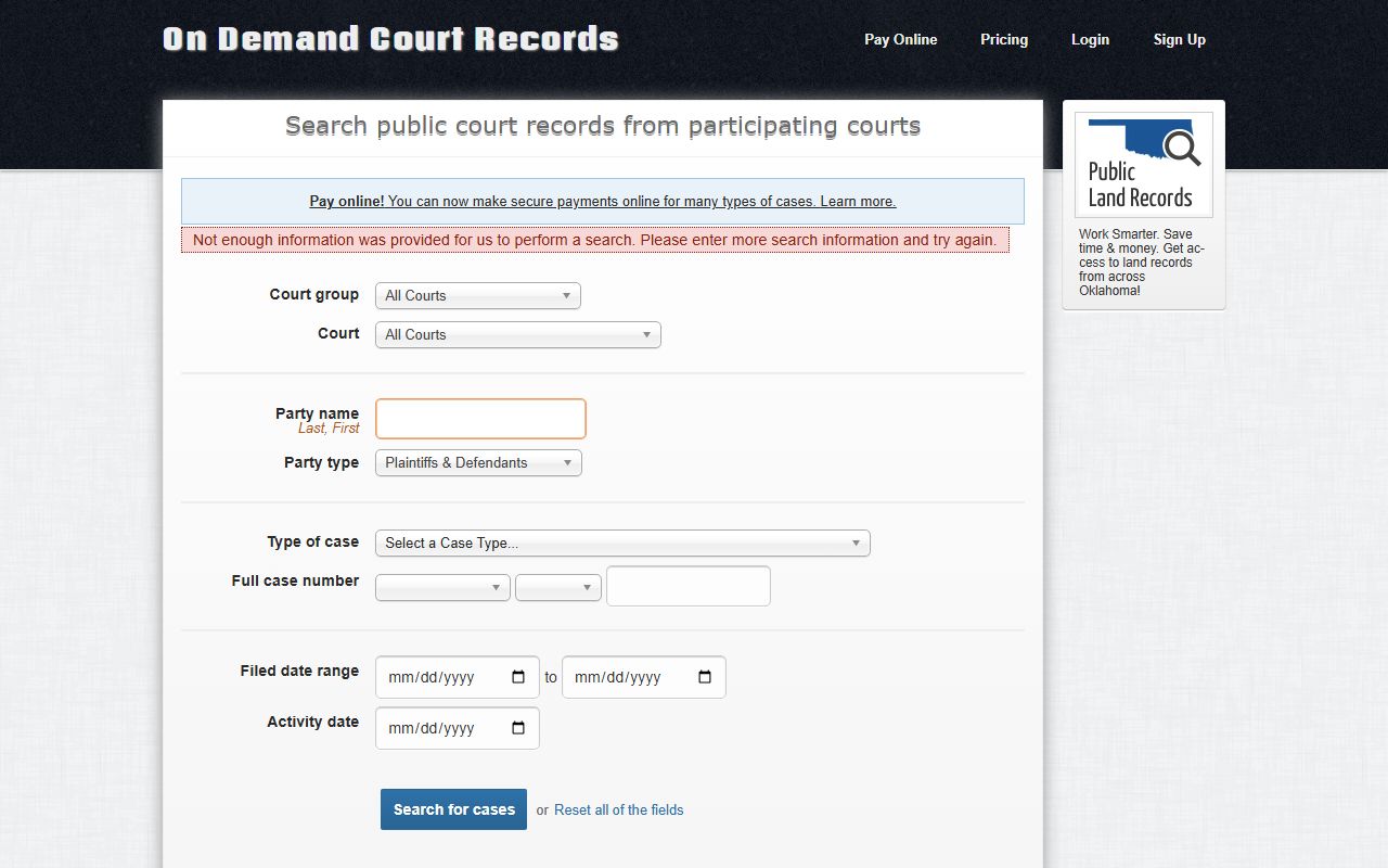 Pittsburg County court records after arrest ODCR search interface