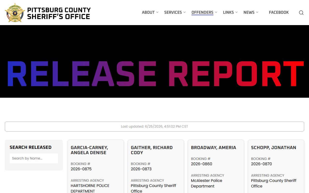 Pittsburg County release report for recent inmate records